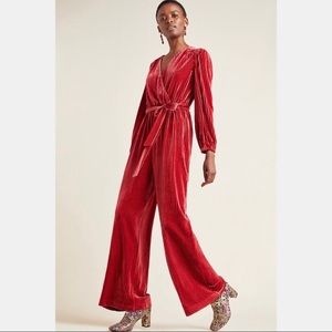 Holiday Party Red Anthropologie velvet jumpsuit